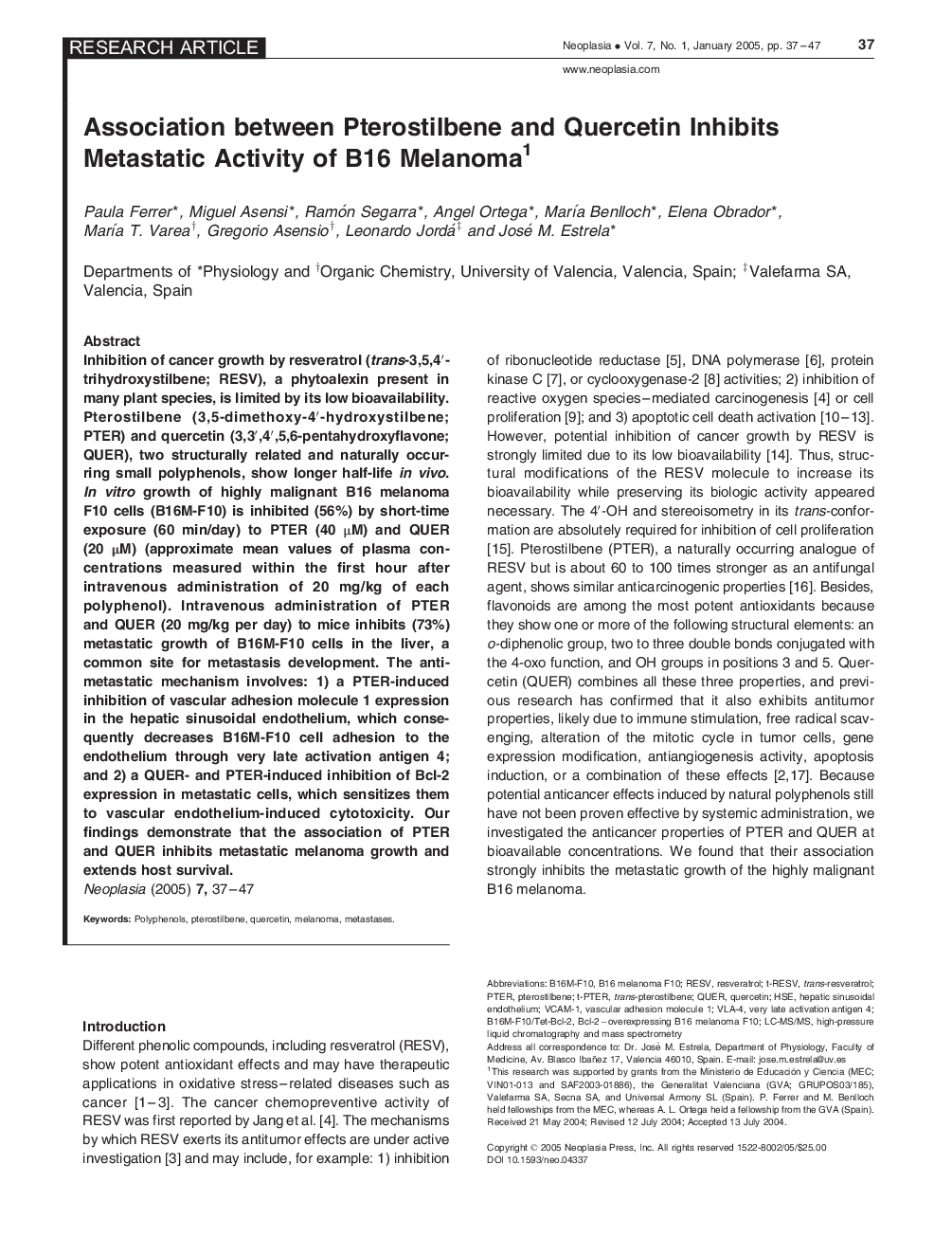 Association between Pterostilbene and Quercetin Inhibits Metastatic Activity of B16 Melanoma