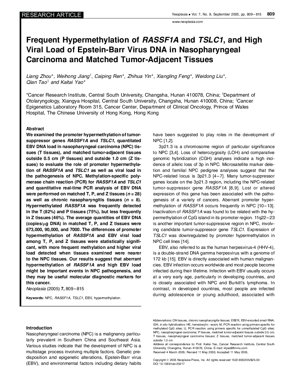 Frequent Hypermethylation of RASSF1A, TSLC1, High Viral Load of Epstein-Barr Virus DNA in Nasopharyngeal Carcinoma, Matched Tumor-Adjacent Tissues