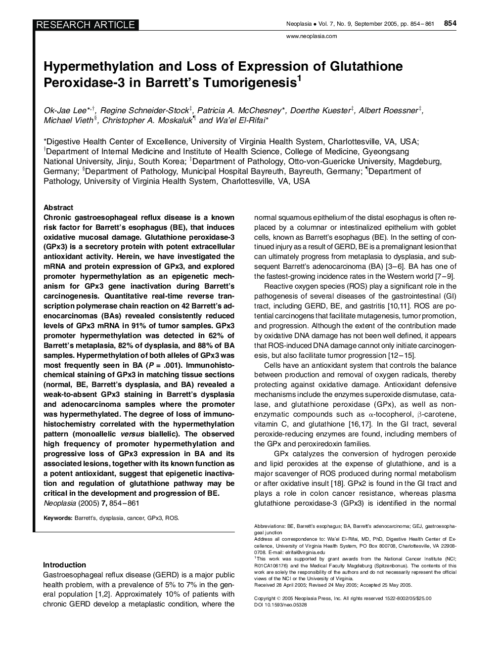 Hypermethylation, Loss of Expression of Glutathione Peroxidase-3 in Barrett's Tumorigenesis