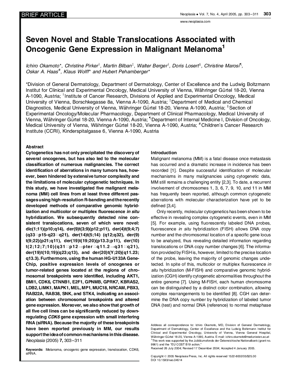 Seven Novel and Stable Translocations Associated with Oncogenic Gene Expression in Malignant Melanoma