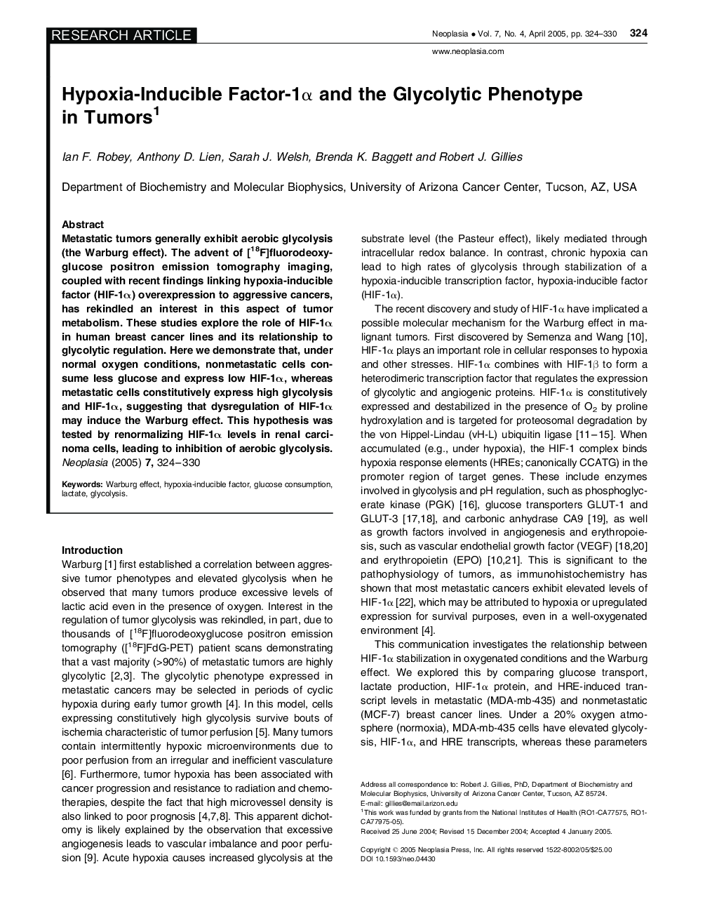 Hypoxia-Inducible Factor-1Î± and the Glycolytic Phenotype in Tumors