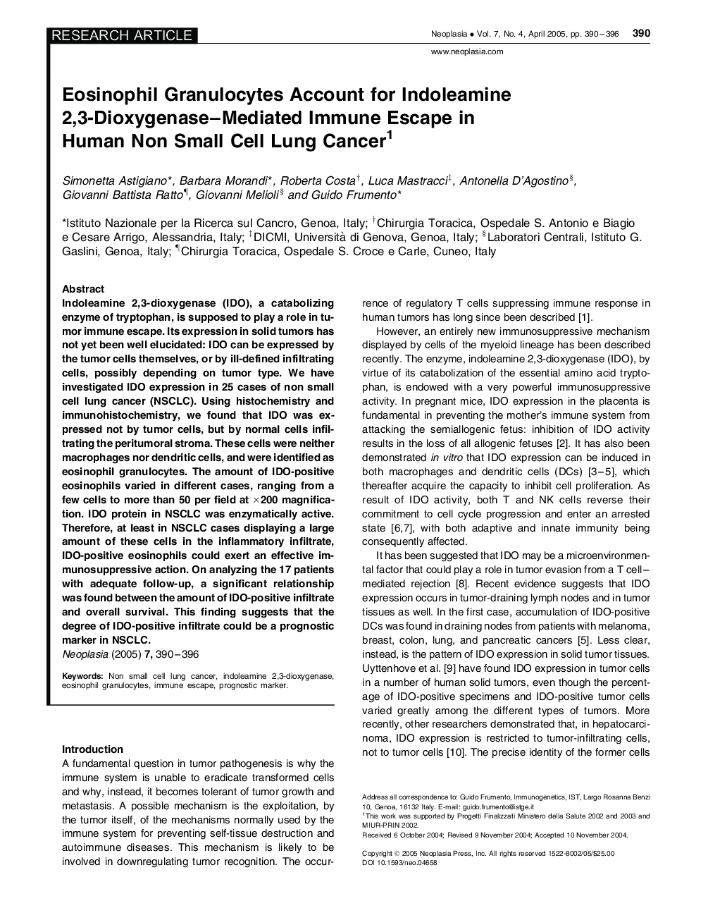 عکس صفحه اول مقاله: Eosinophil Granulocytes Account for Indoleamine 2,3-Dioxygenase-Mediated Immune Escape in Human Non Small Cell Lung Cancer Eosinophil Granulocytes Account for Indoleamine 2,3-Dioxygenase-Mediated Immune Escape in Human Non Small Cell Lung Cancer