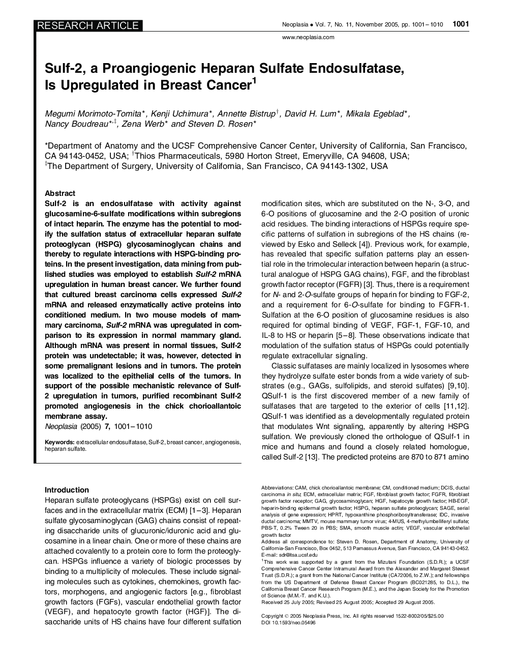 Sulf-2, a Proangiogenic Heparan Sulfate Endosulfatase, Is Upregulated in Breast Cancer