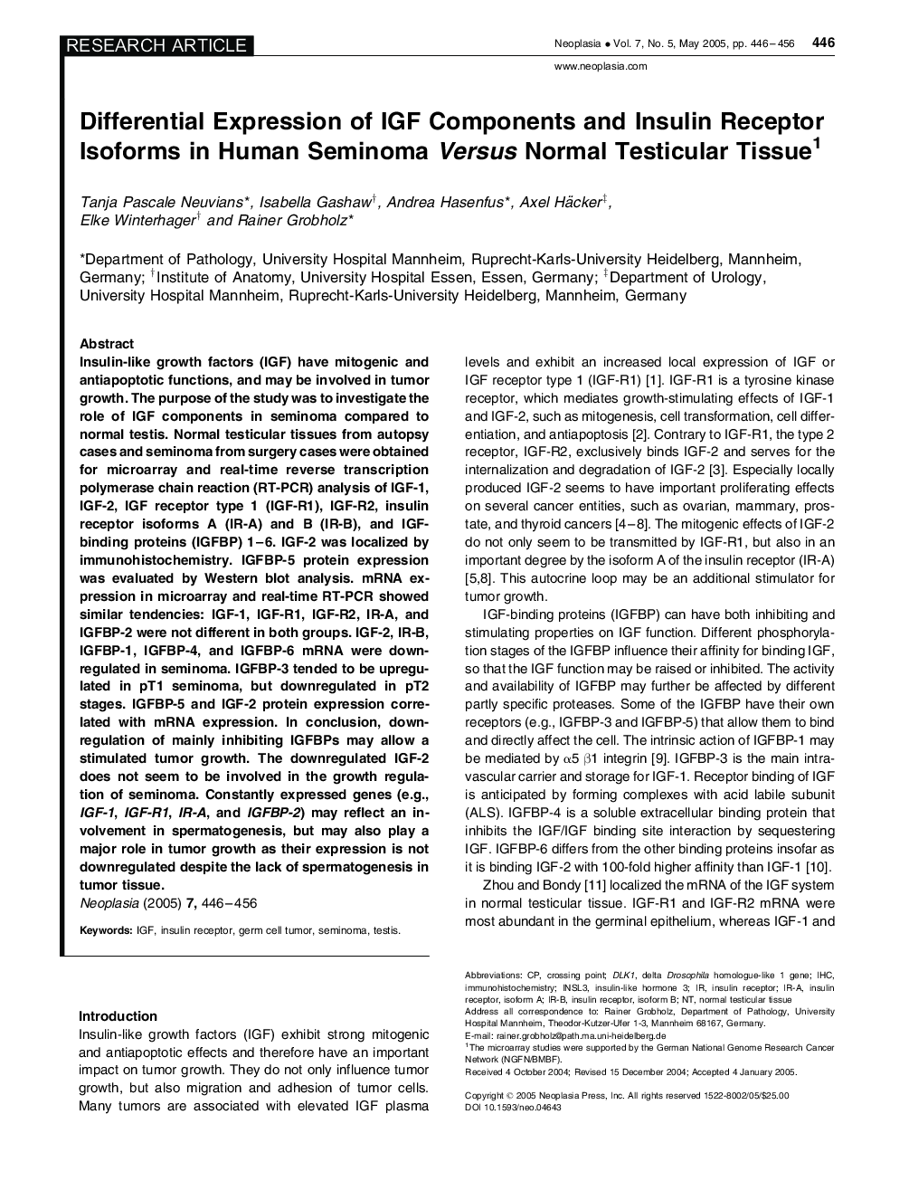 Differential Expression of IGF Components and Insulin Receptor Isoforms in Human Seminoma Versus Normal Testicular Tissue