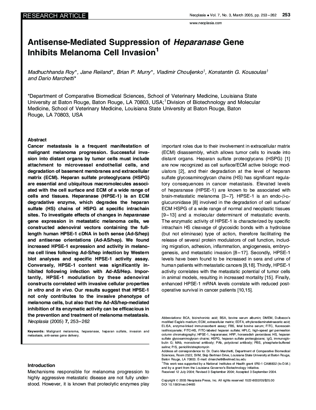 Antisense-Mediated Suppression of Heparanase Gene Inhibits Melanoma Cell Invasion