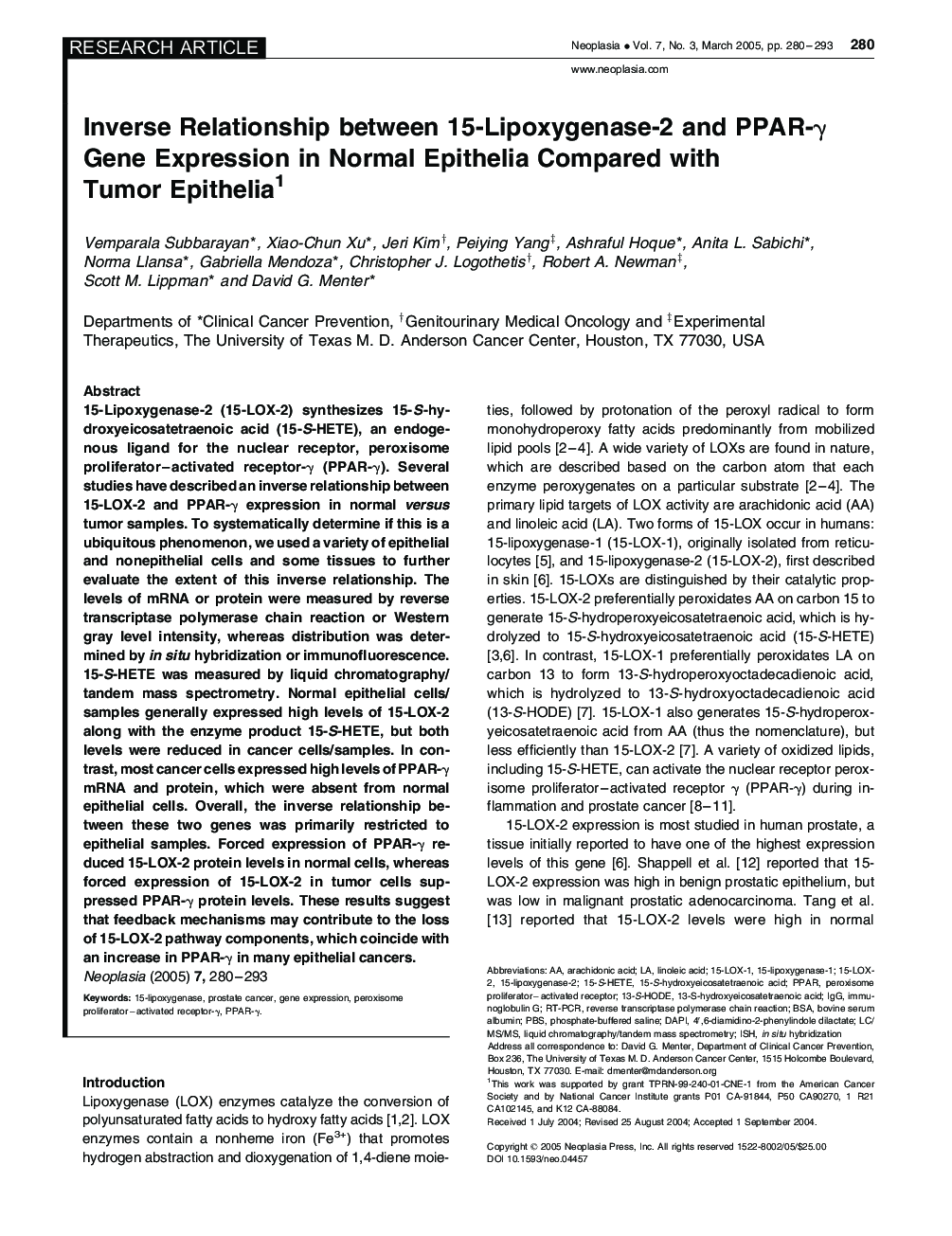 Inverse Relationship between 15-Lipoxygenase-2 and PPAR-Î³ Gene Expression in Normal Epithelia Compared with Tumor Epithelia