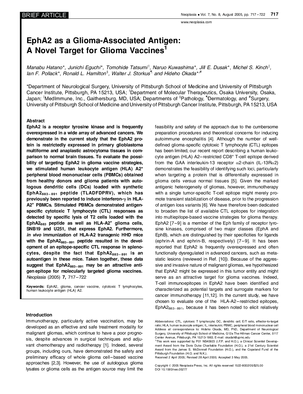 EphA2 as a Glioma-Associated Antigen: A Novel Target for Glioma Vaccines