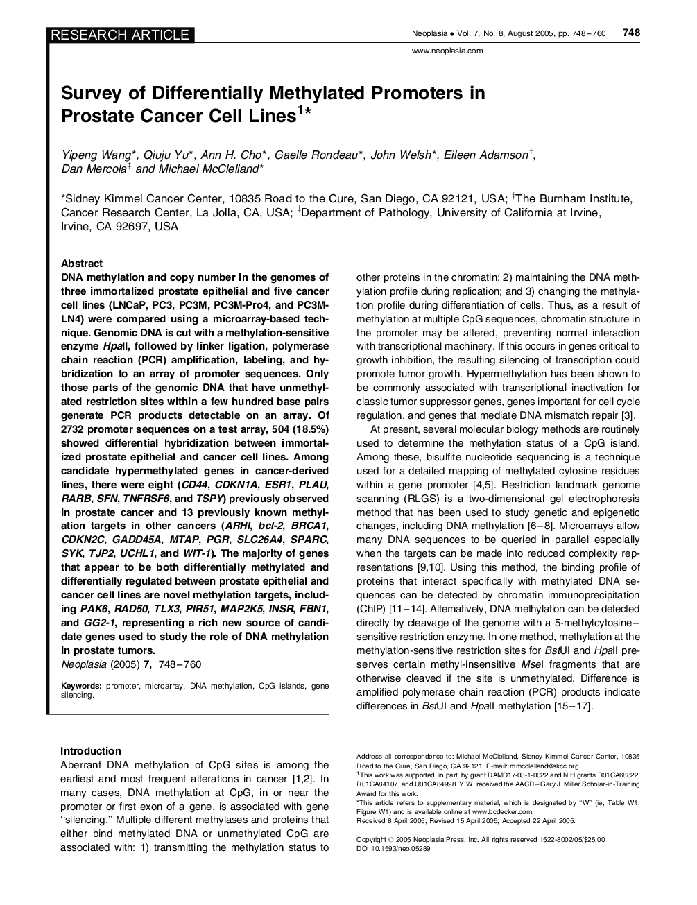 Survey of Differentially Methylated Promoters in Prostate Cancer Cell Lines