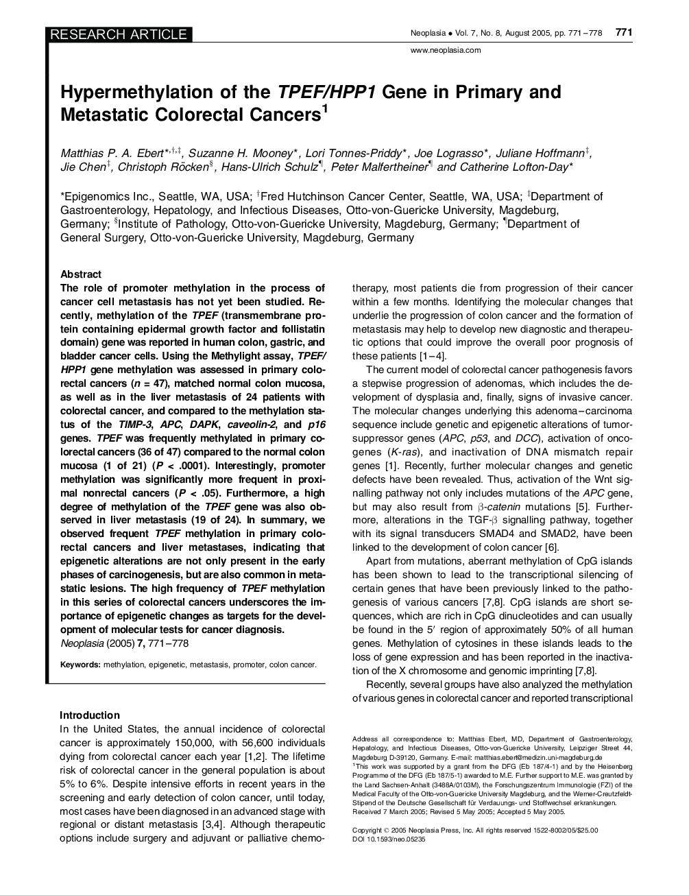 عکس صفحه اول مقاله: Hypermethylation of the TPEF/HPP1 Gene in Primary, Metastatic Colorectal Cancers Hypermethylation of the TPEF/HPP1 Gene in Primary, Metastatic Colorectal Cancers