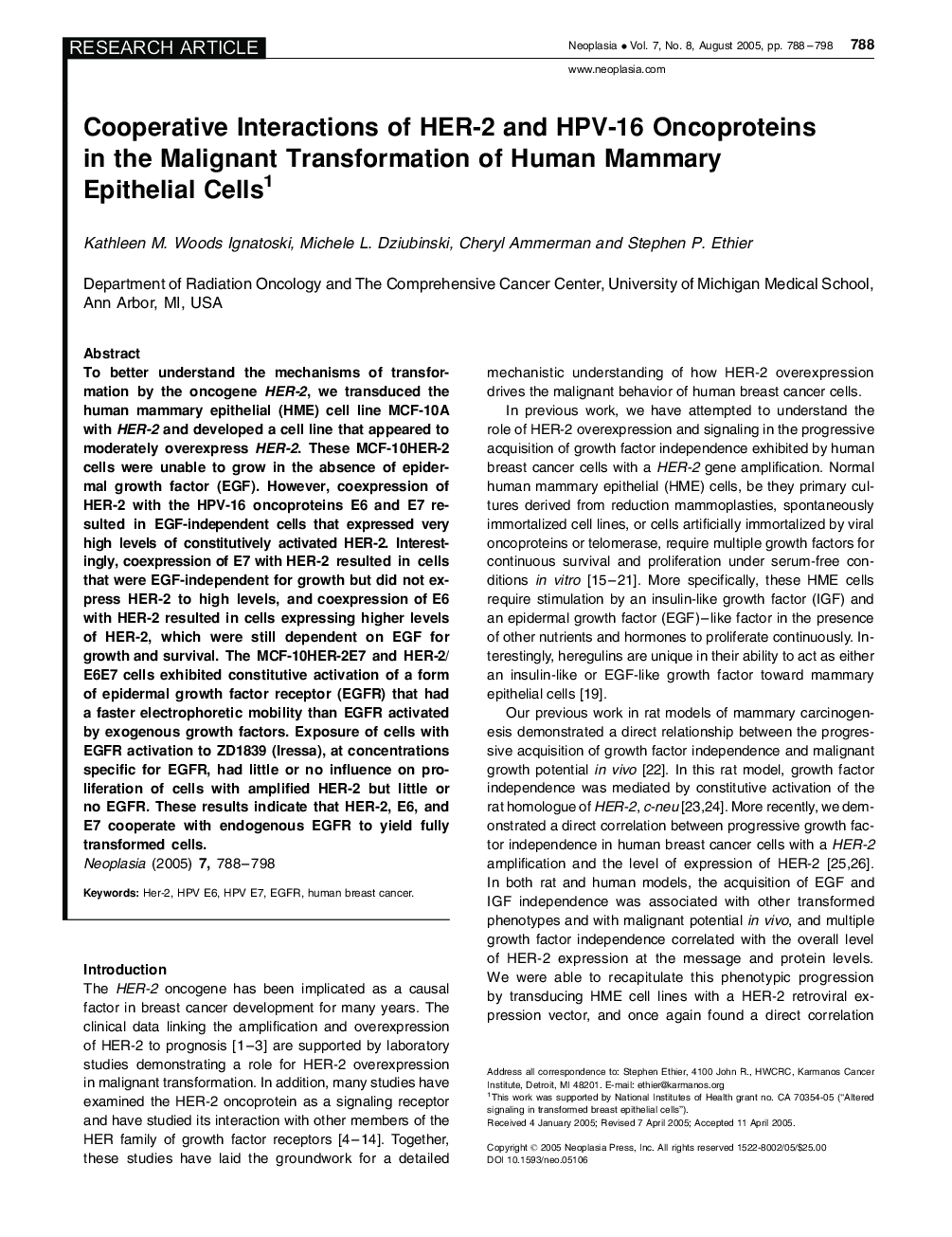 Cooperative Interactions of HER-2, HPV-16 Oncoproteins in the Malignant Transformation of Human Mammary Epithelial Cells