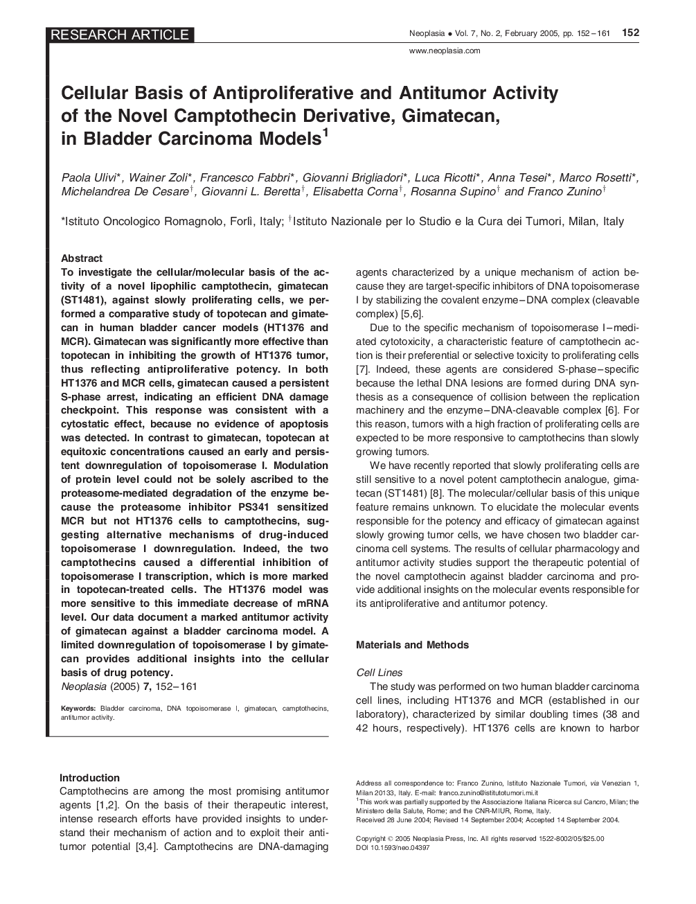 Cellular Basis of Antiproliferative and Antitumor Activity of the Novel Camptothecin Derivative, Gimatecan, in Bladder Carcinoma Models