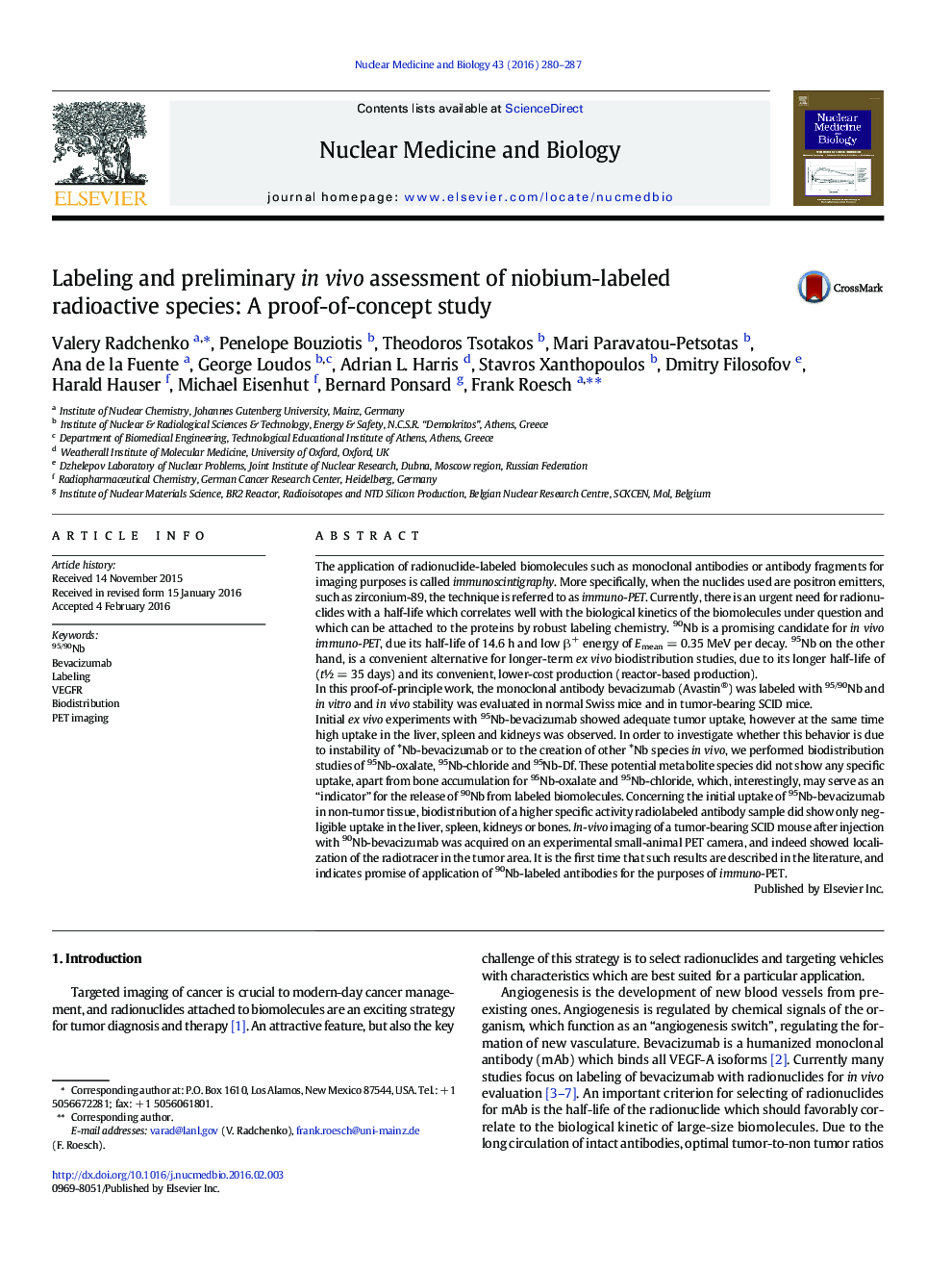 Labeling and preliminary in vivo assessment of niobium-labeled radioactive species: A proof-of-concept study