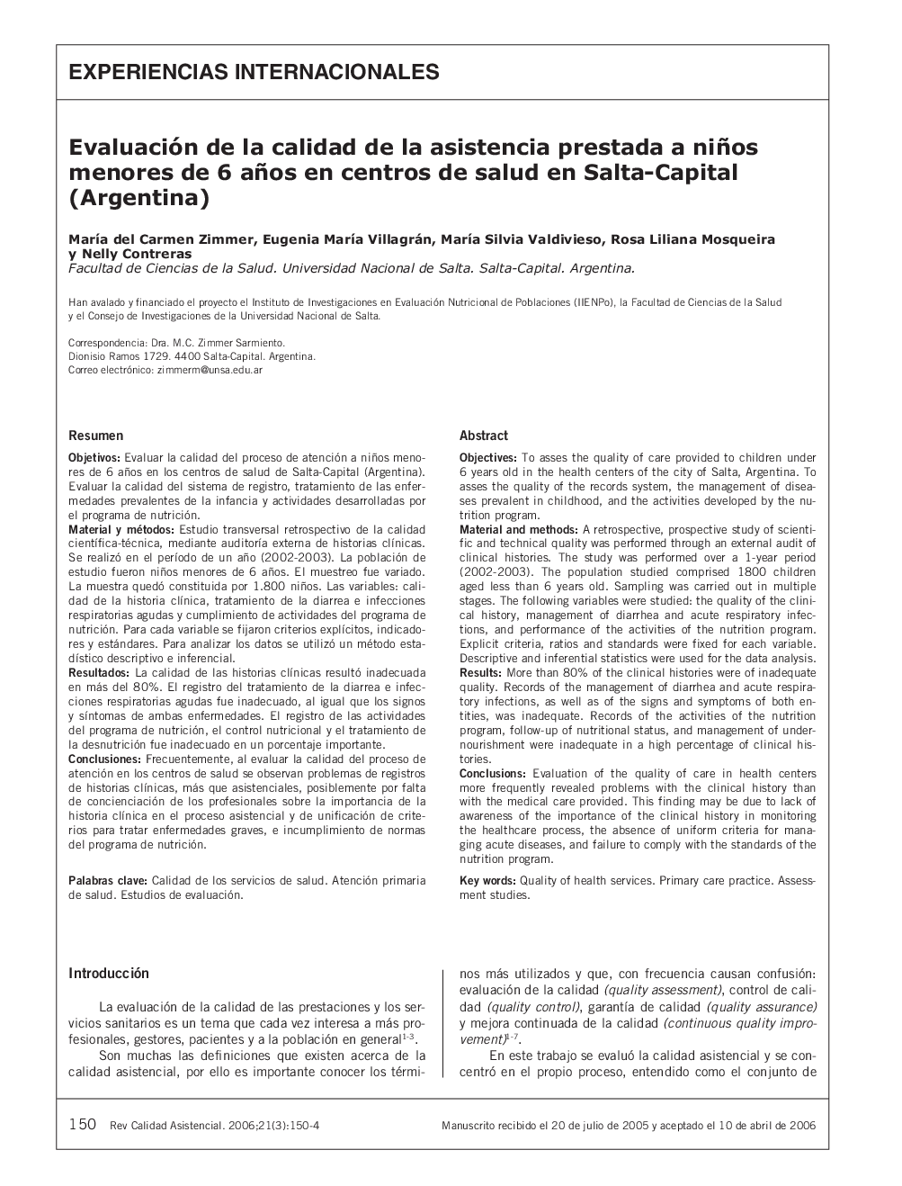 Evaluación de la calidad de la asistencia prestada a niños menores de 6 años en centros de salud en Salta-Capital (Argentina)
