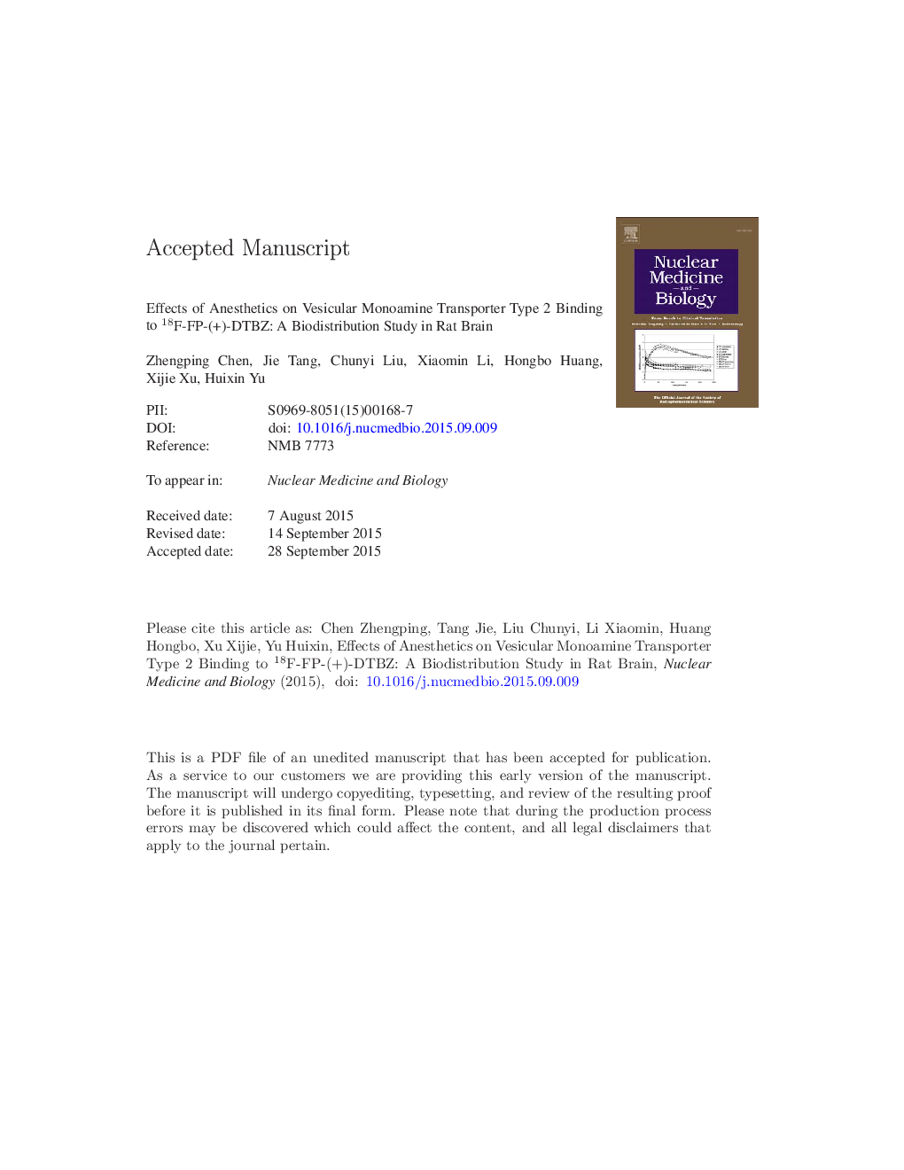 Effects of anesthetics on vesicular monoamine transporter type 2 binding to 18F-FP-(+)-DTBZ: a biodistribution study in rat brain