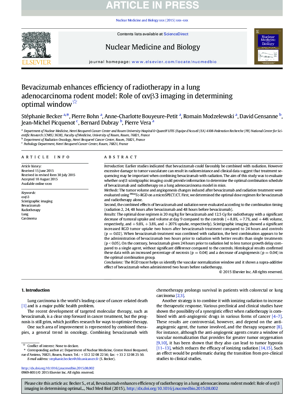 Bevacizumab enhances efficiency of radiotherapy in a lung adenocarcinoma rodent model: Role of Î±vÎ²3 imaging in determining optimal window