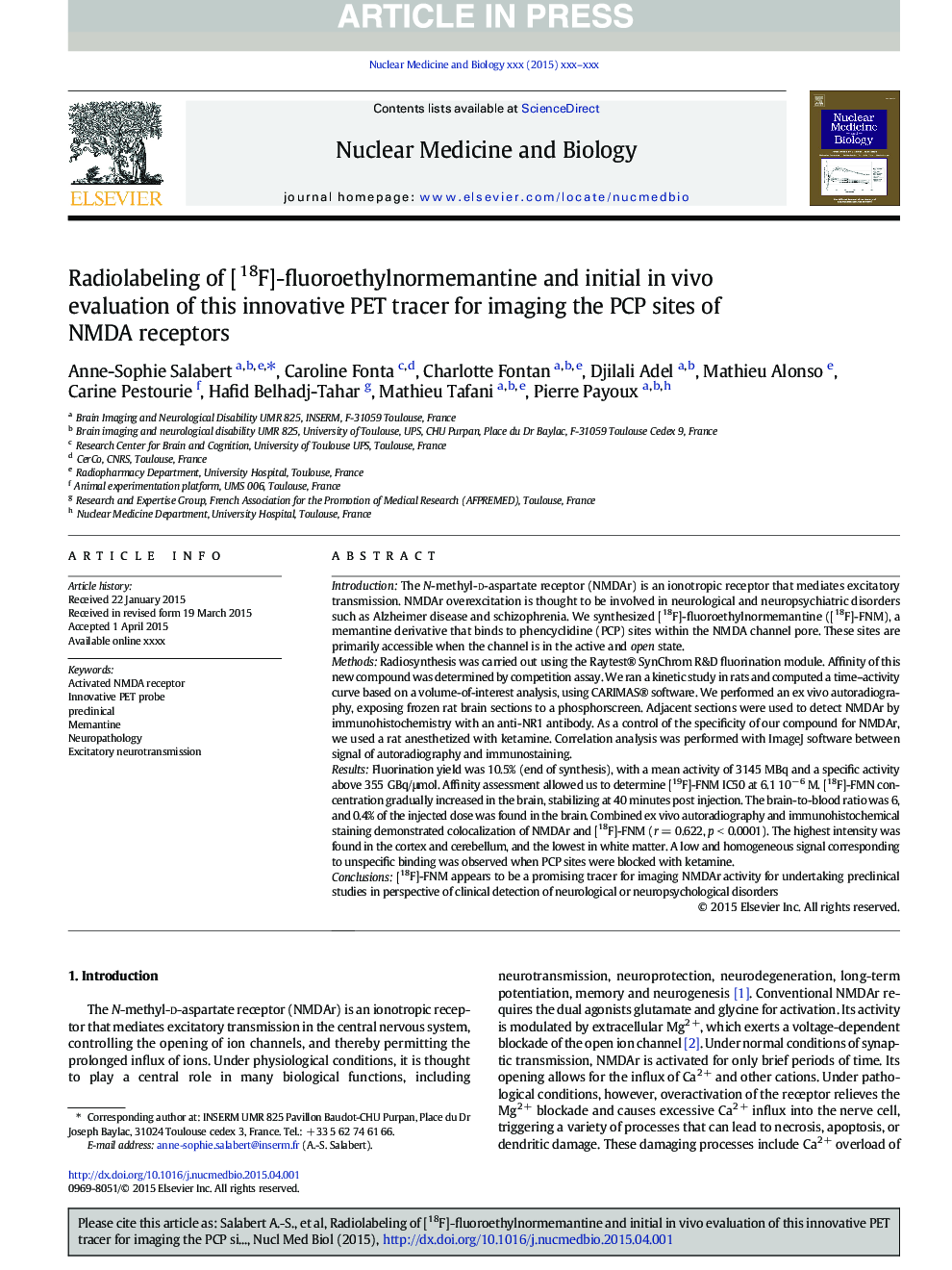 Radiolabeling of [18F]-fluoroethylnormemantine and initial in vivo evaluation of this innovative PET tracer for imaging the PCP sites of NMDA receptors