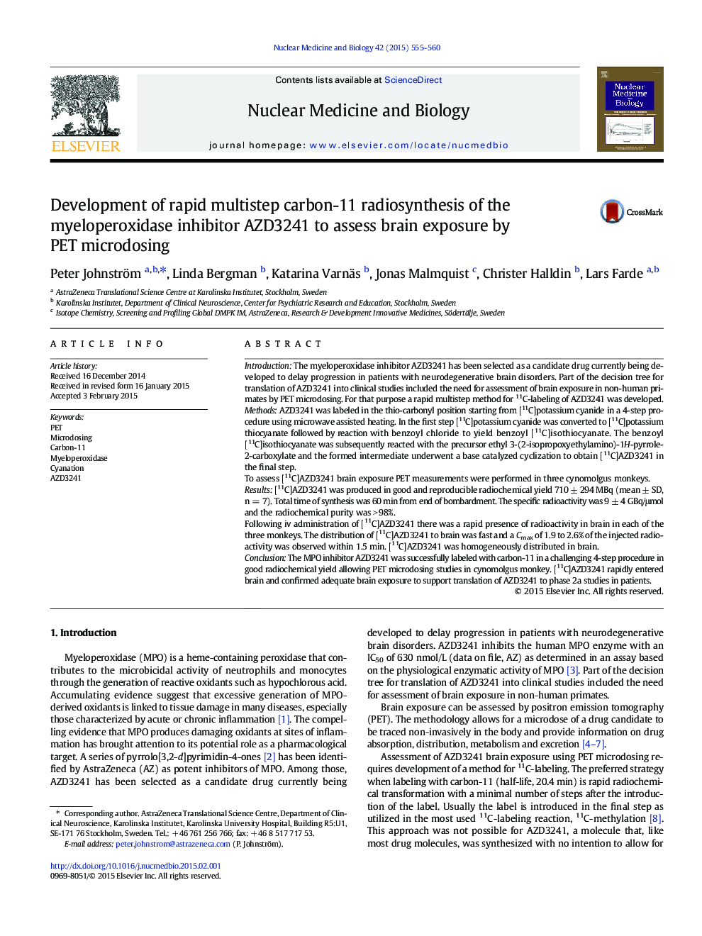 Development of rapid multistep carbon-11 radiosynthesis of the myeloperoxidase inhibitor AZD3241 to assess brain exposure by PET microdosing