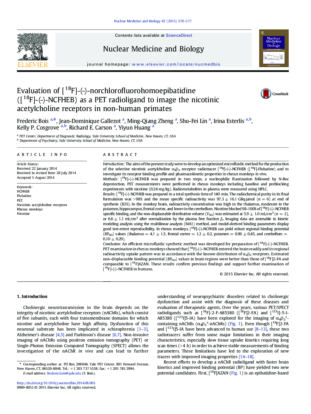 Evaluation of [18F]-(-)-norchlorofluorohomoepibatidine ([18F]-(-)-NCFHEB) as a PET radioligand to image the nicotinic acetylcholine receptors in non-human primates