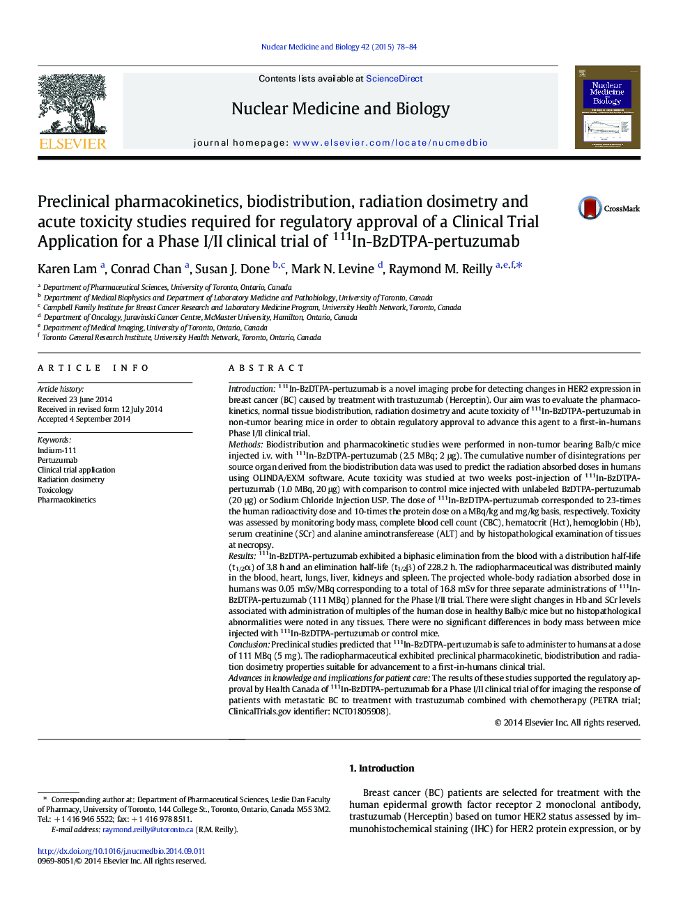 Preclinical pharmacokinetics, biodistribution, radiation dosimetry and acute toxicity studies required for regulatory approval of a Clinical Trial Application for a Phase I/II clinical trial of 111In-BzDTPA-pertuzumab