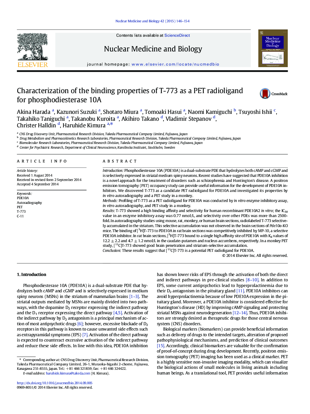 Characterization of the binding properties of T-773 as a PET radioligand for phosphodiesterase 10A