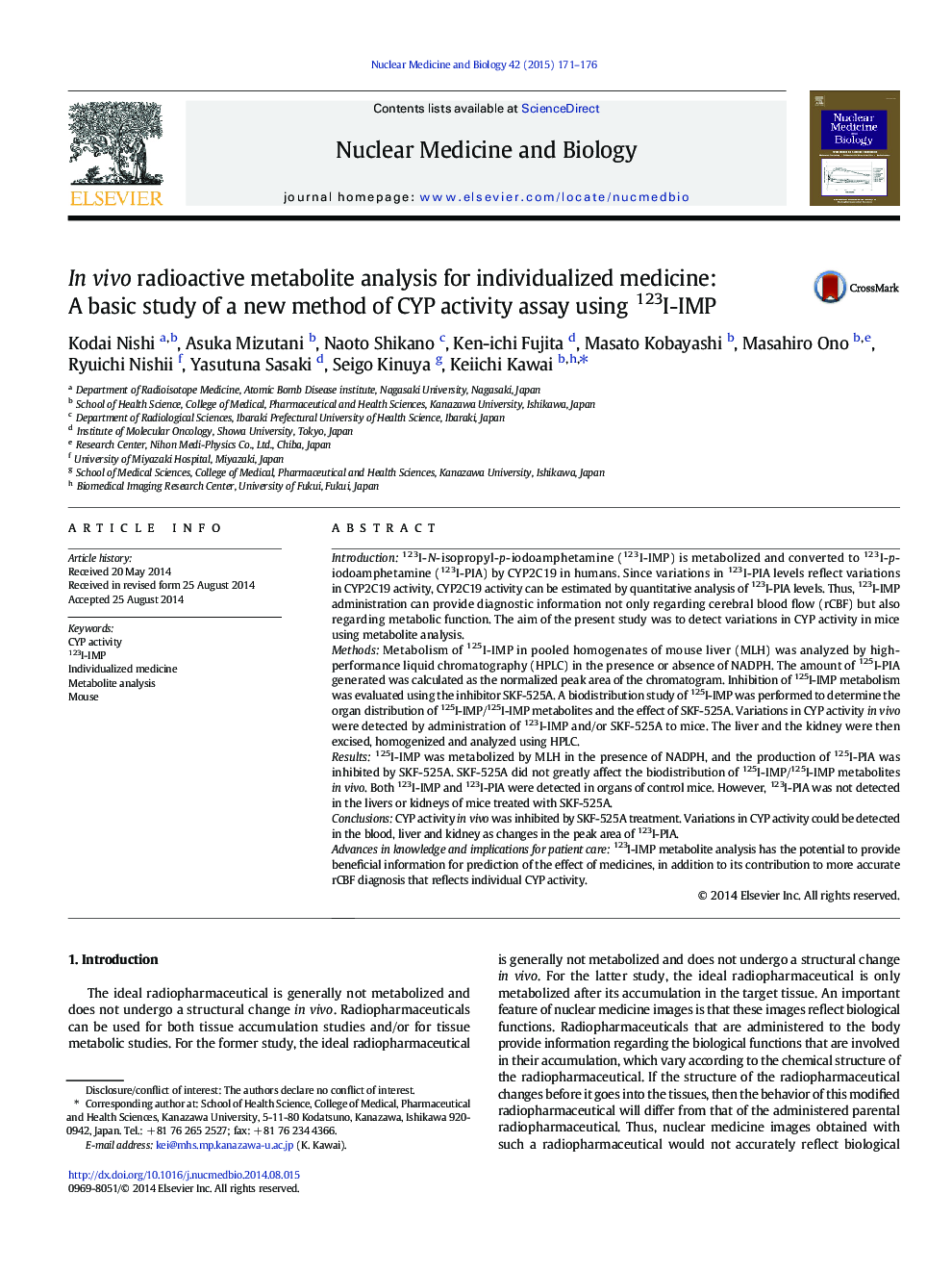 In vivo radioactive metabolite analysis for individualized medicine: A basic study of a new method of CYP activity assay using 123I-IMP