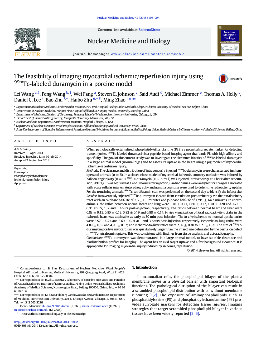 The feasibility of imaging myocardial ischemic/reperfusion injury using 99mTc-labeled duramycin in a porcine model