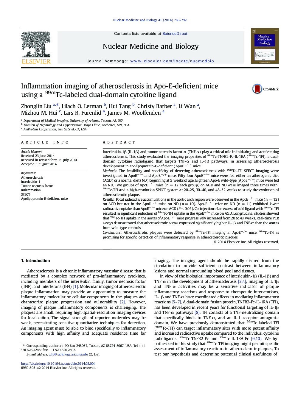 Inflammation imaging of atherosclerosis in Apo-E-deficient mice using a 99mTc-labeled dual-domain cytokine ligand