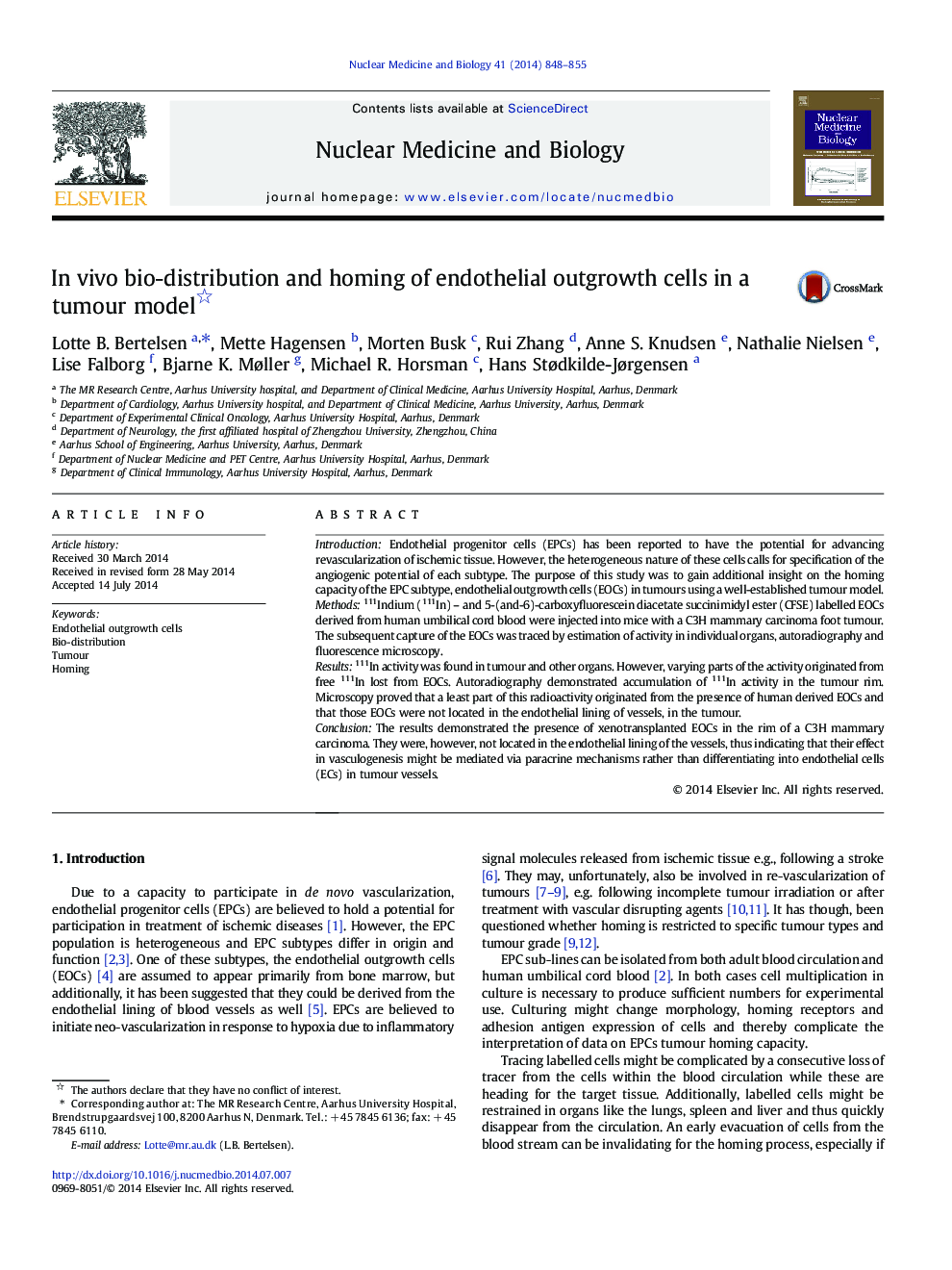 In vivo bio-distribution and homing of endothelial outgrowth cells in a tumour model