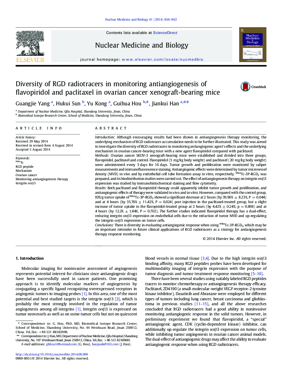 Diversity of RGD radiotracers in monitoring antiangiogenesis of flavopiridol and paclitaxel in ovarian cancer xenograft-bearing mice