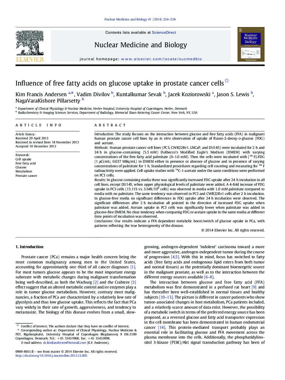 Influence of free fatty acids on glucose uptake in prostate cancer cells