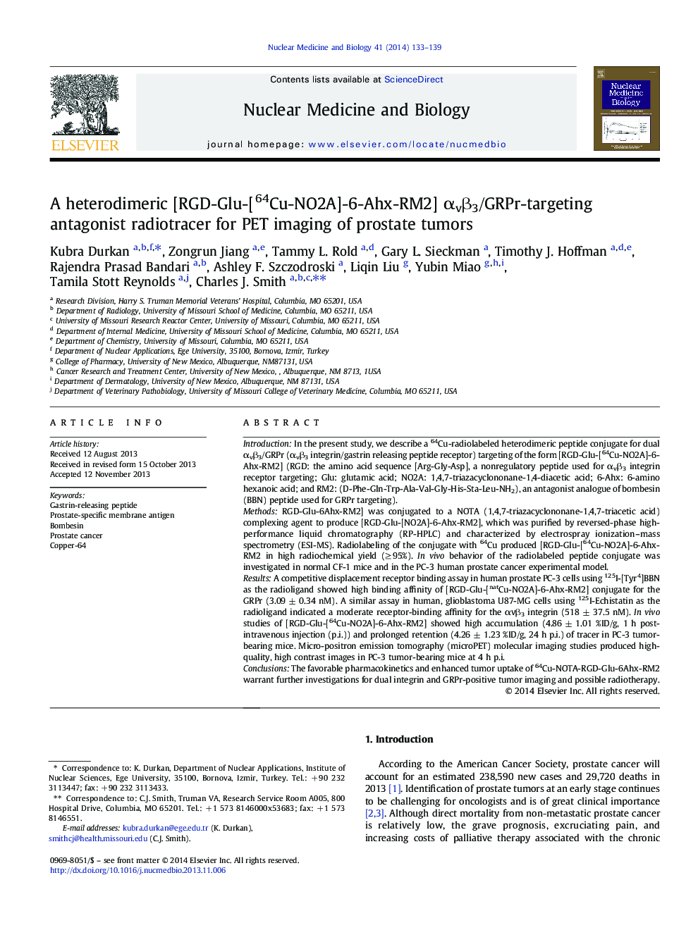 A heterodimeric [RGD-Glu-[64Cu-NO2A]-6-Ahx-RM2] Î±vÎ²3/GRPr-targeting antagonist radiotracer for PET imaging of prostate tumors