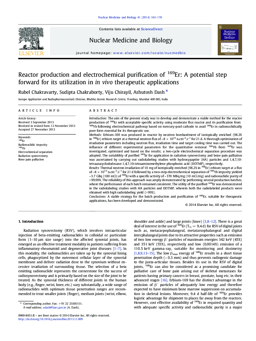 Reactor production and electrochemical purification of 169Er: A potential step forward for its utilization in in vivo therapeutic applications