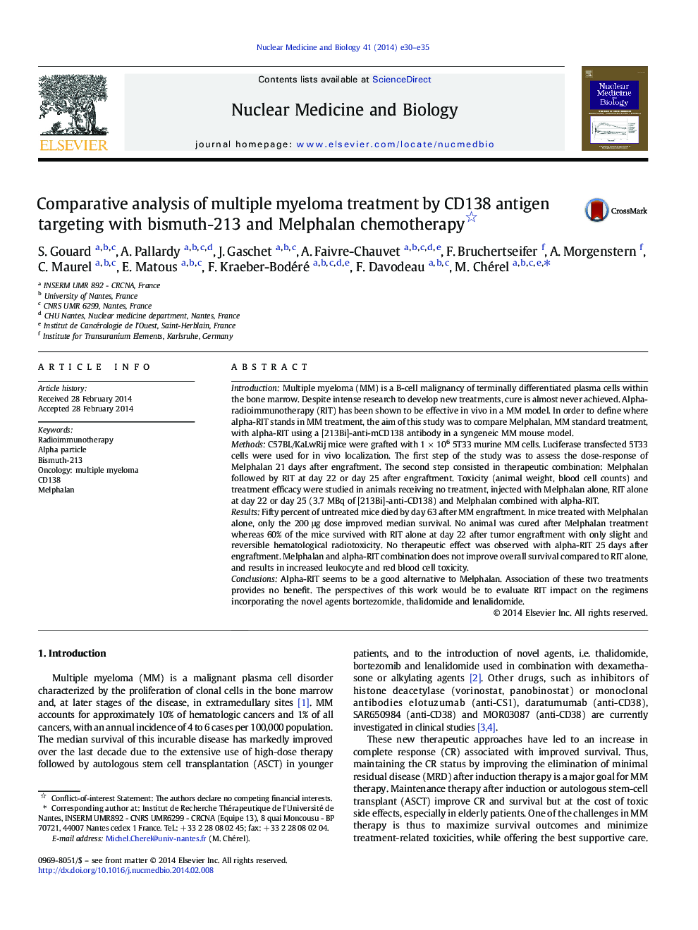 Comparative analysis of multiple myeloma treatment by CD138 antigen targeting with bismuth-213 and Melphalan chemotherapy