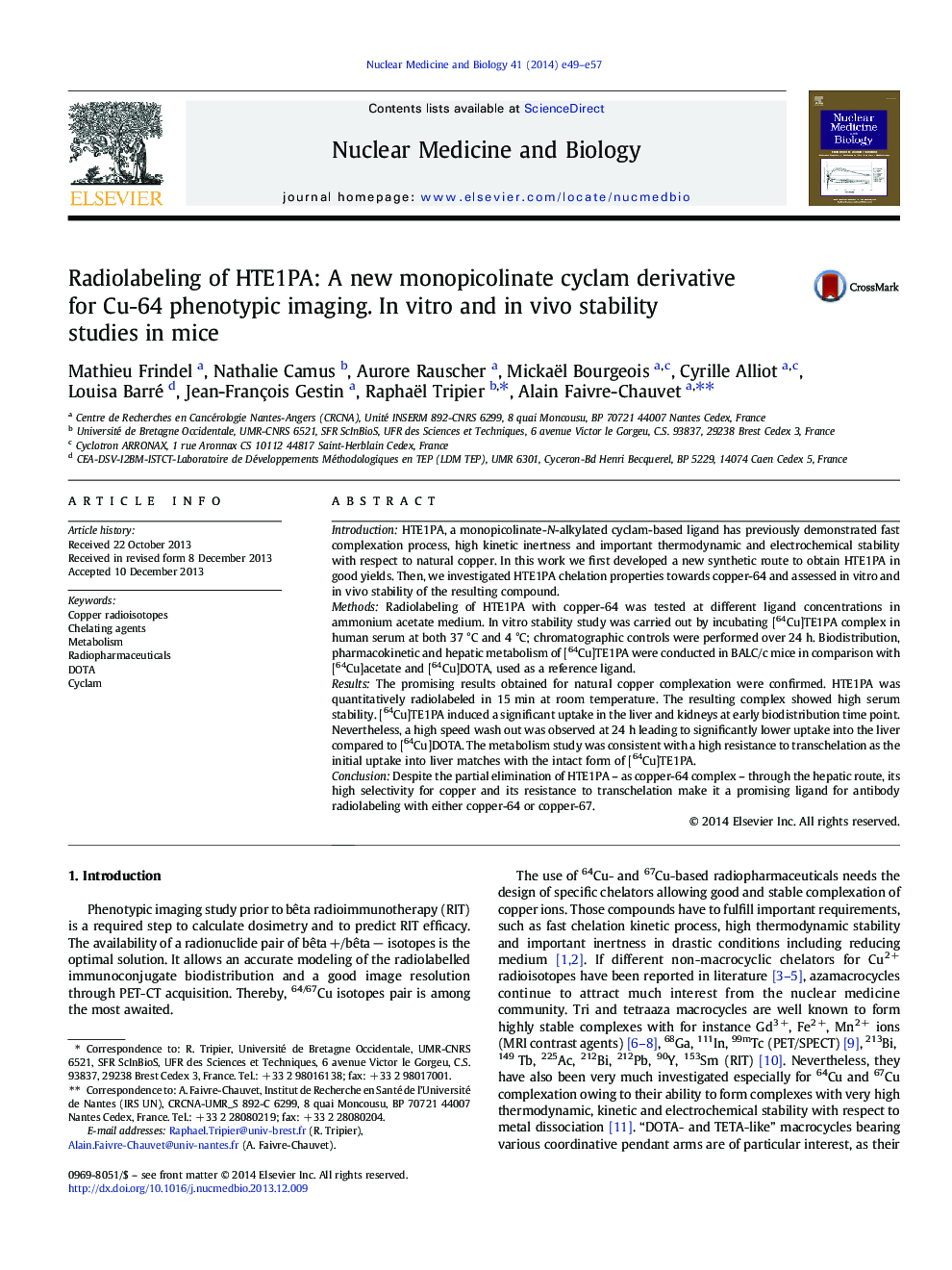 Radiolabeling of HTE1PA: A new monopicolinate cyclam derivative for Cu-64 phenotypic imaging. In vitro and in vivo stability studies in mice