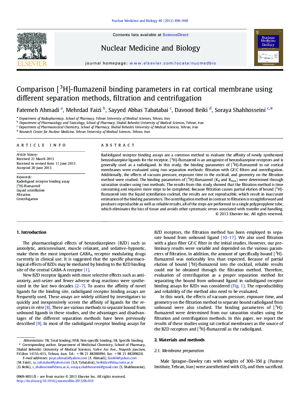 Comparison [3H]-flumazenil binding parameters in rat cortical membrane using different separation methods, filtration and centrifugation