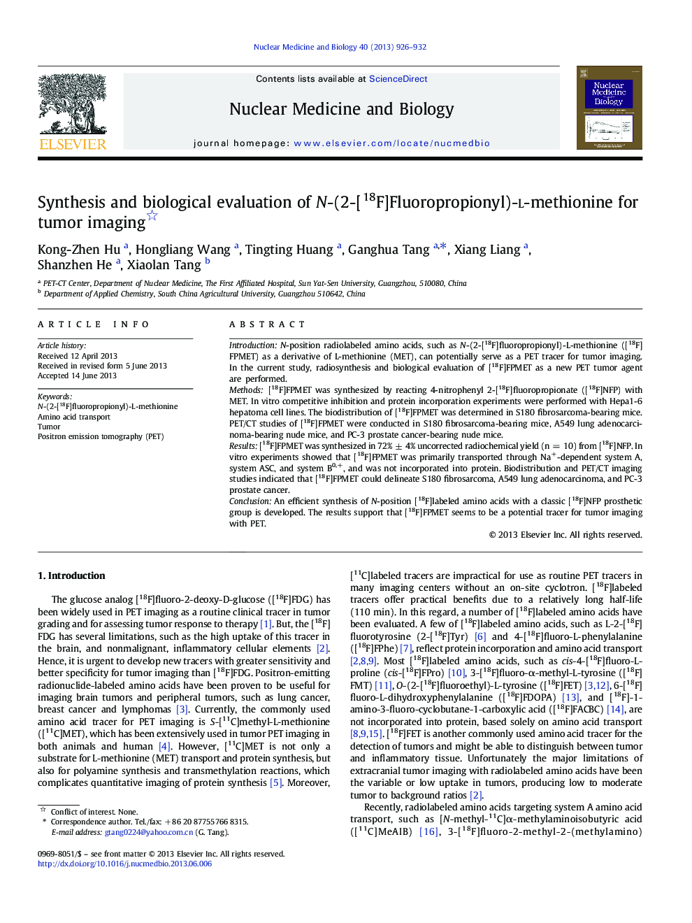 Synthesis and biological evaluation of N-(2-[18F]Fluoropropionyl)-L-methionine for tumor imaging