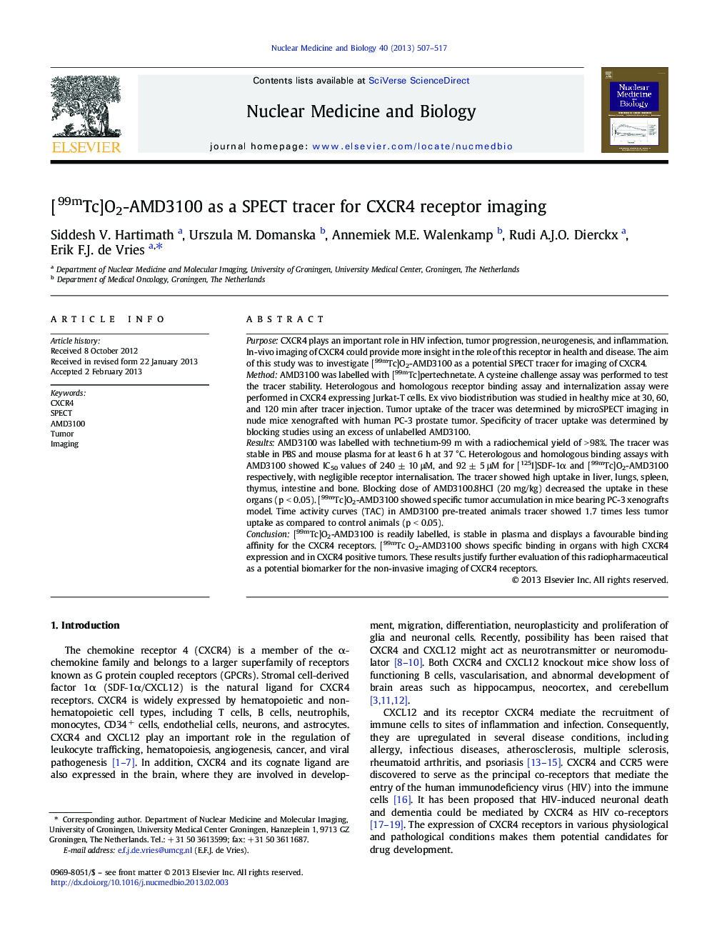 [99mTc]O2-AMD3100 as a SPECT tracer for CXCR4 receptor imaging