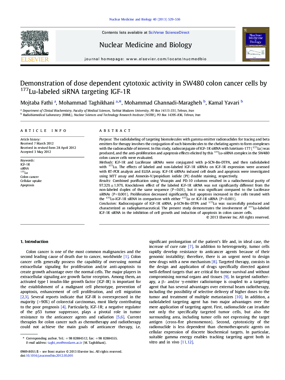 Demonstration of dose dependent cytotoxic activity in SW480 colon cancer cells by 177Lu-labeled siRNA targeting IGF-1R