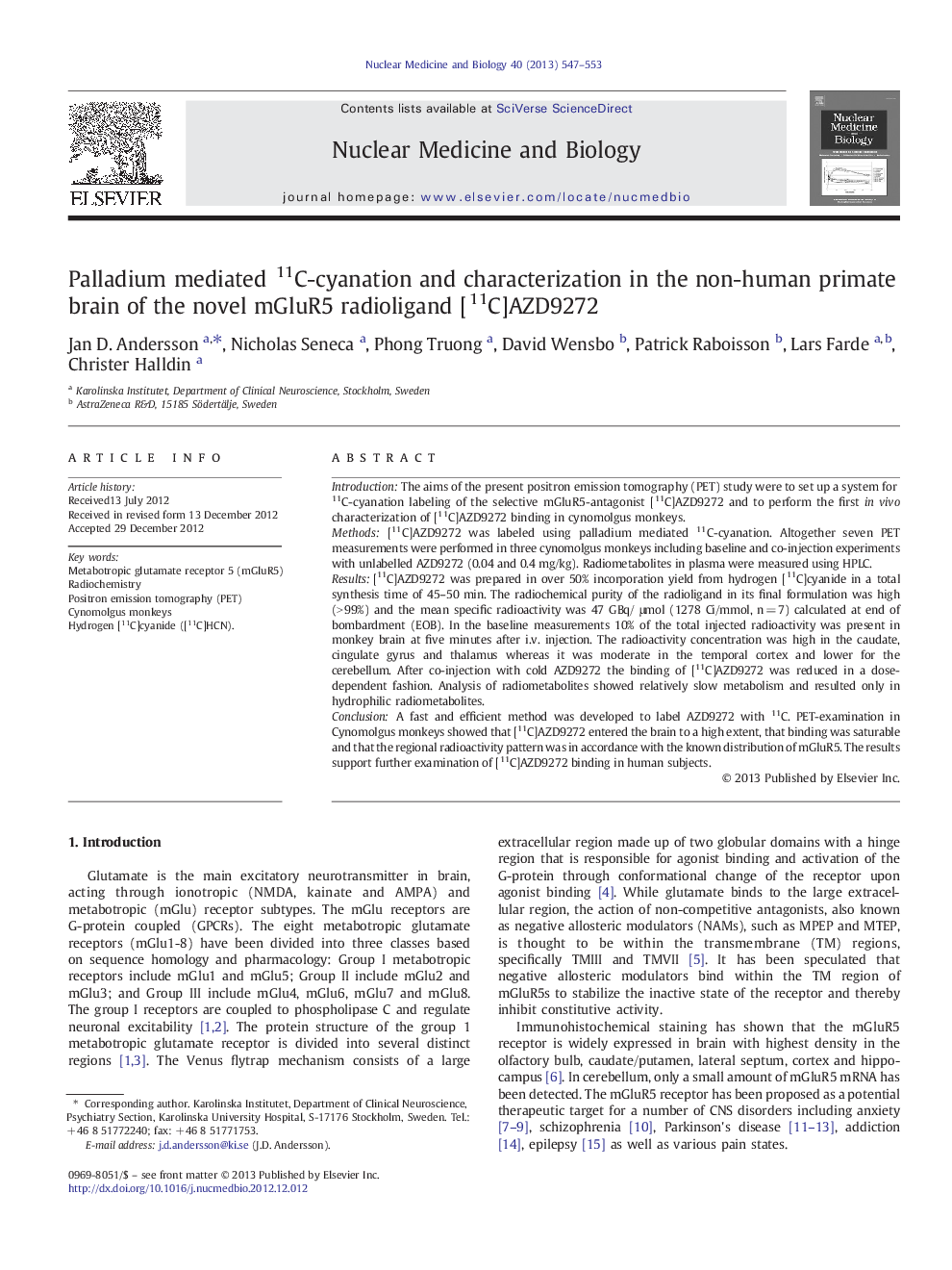 Palladium mediated 11C-cyanation and characterization in the non-human primate brain of the novel mGluR5 radioligand [11C]AZD9272