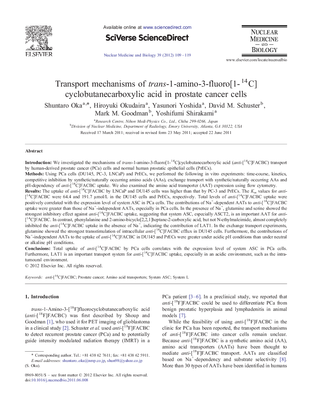 Transport mechanisms of trans-1-amino-3-fluoro[1-14C]cyclobutanecarboxylic acid in prostate cancer cells