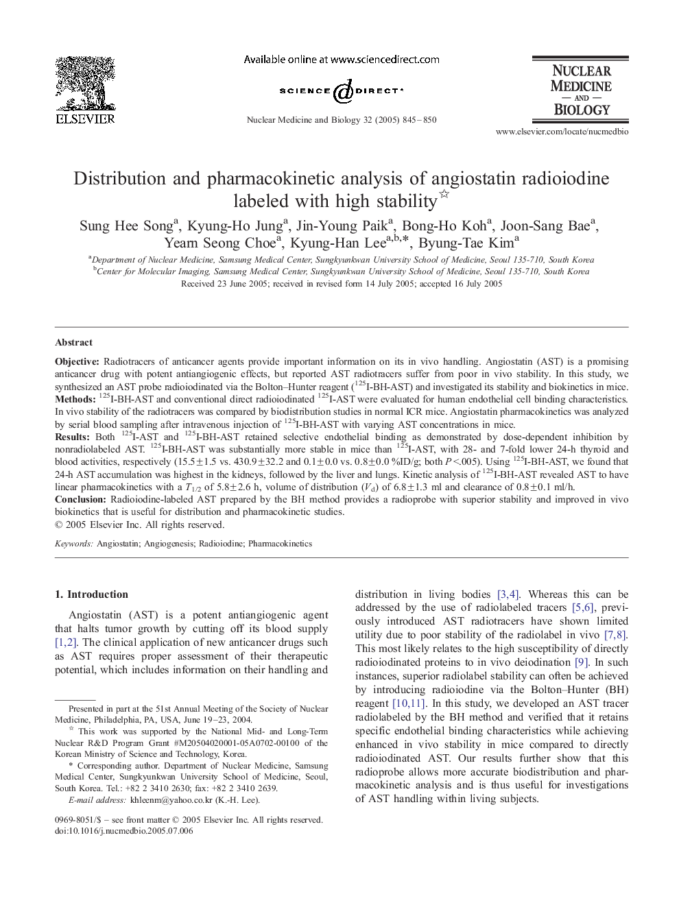 Distribution and pharmacokinetic analysis of angiostatin radioiodine labeled with high stability