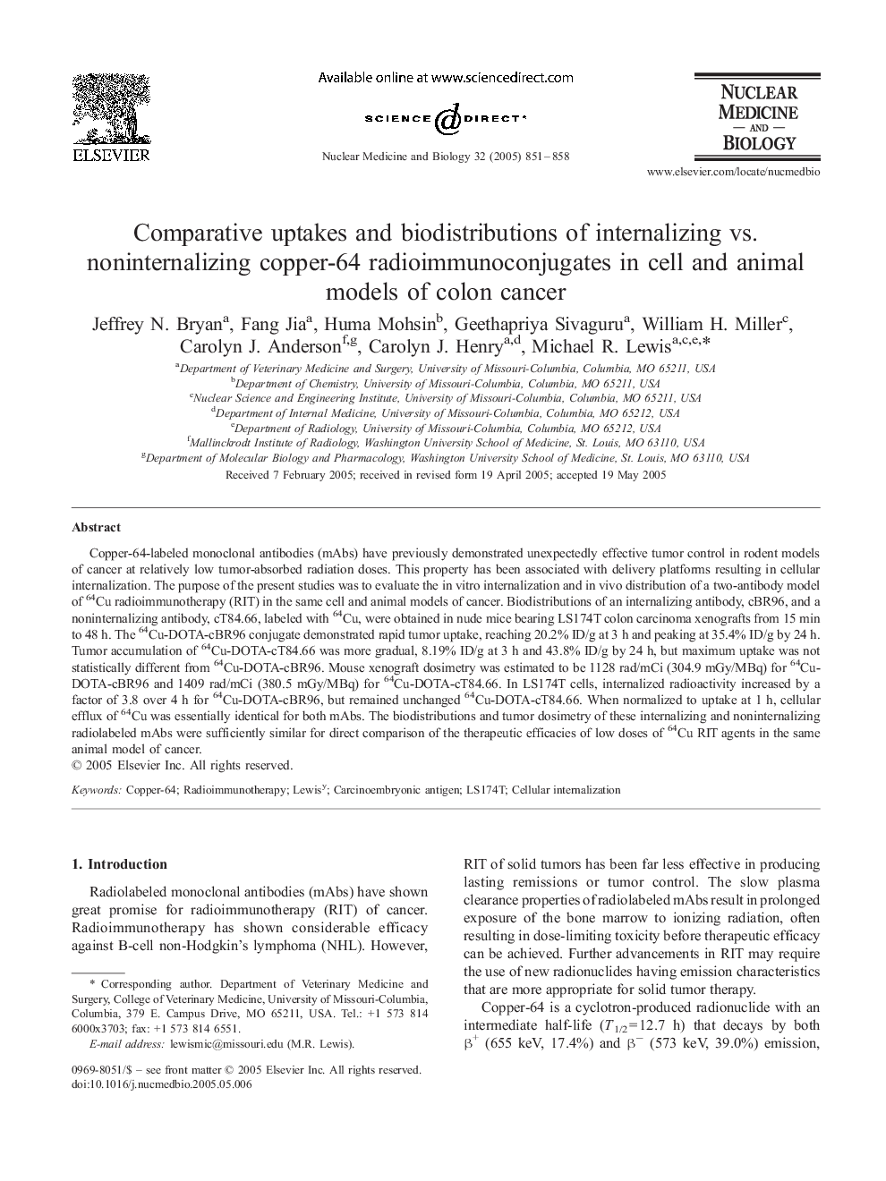 Comparative uptakes and biodistributions of internalizing vs. noninternalizing copper-64 radioimmunoconjugates in cell and animal models of colon cancer