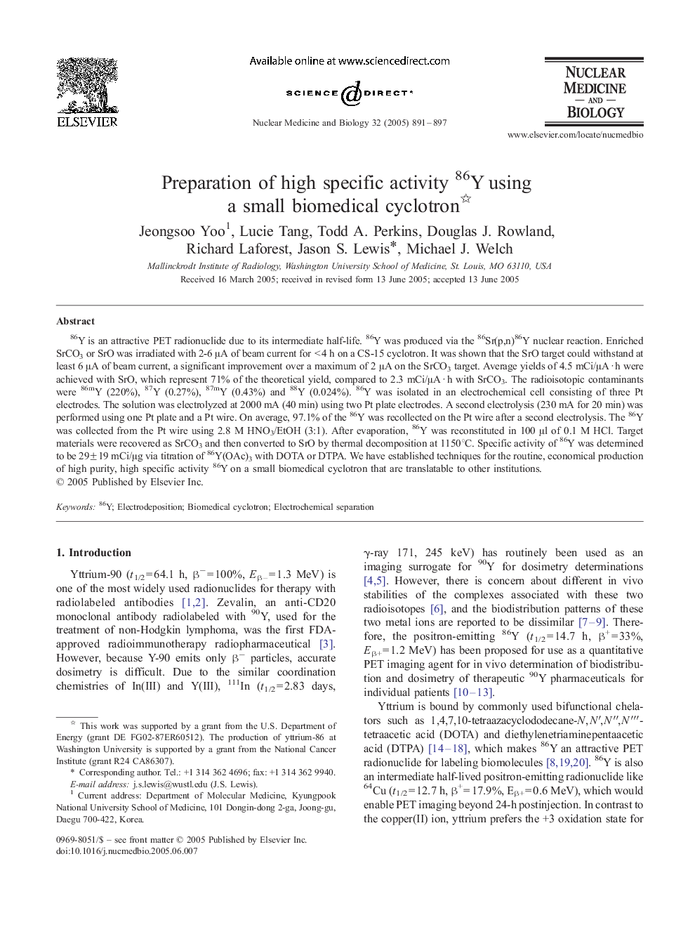 Preparation of high specific activity 86Y using a small biomedical cyclotron