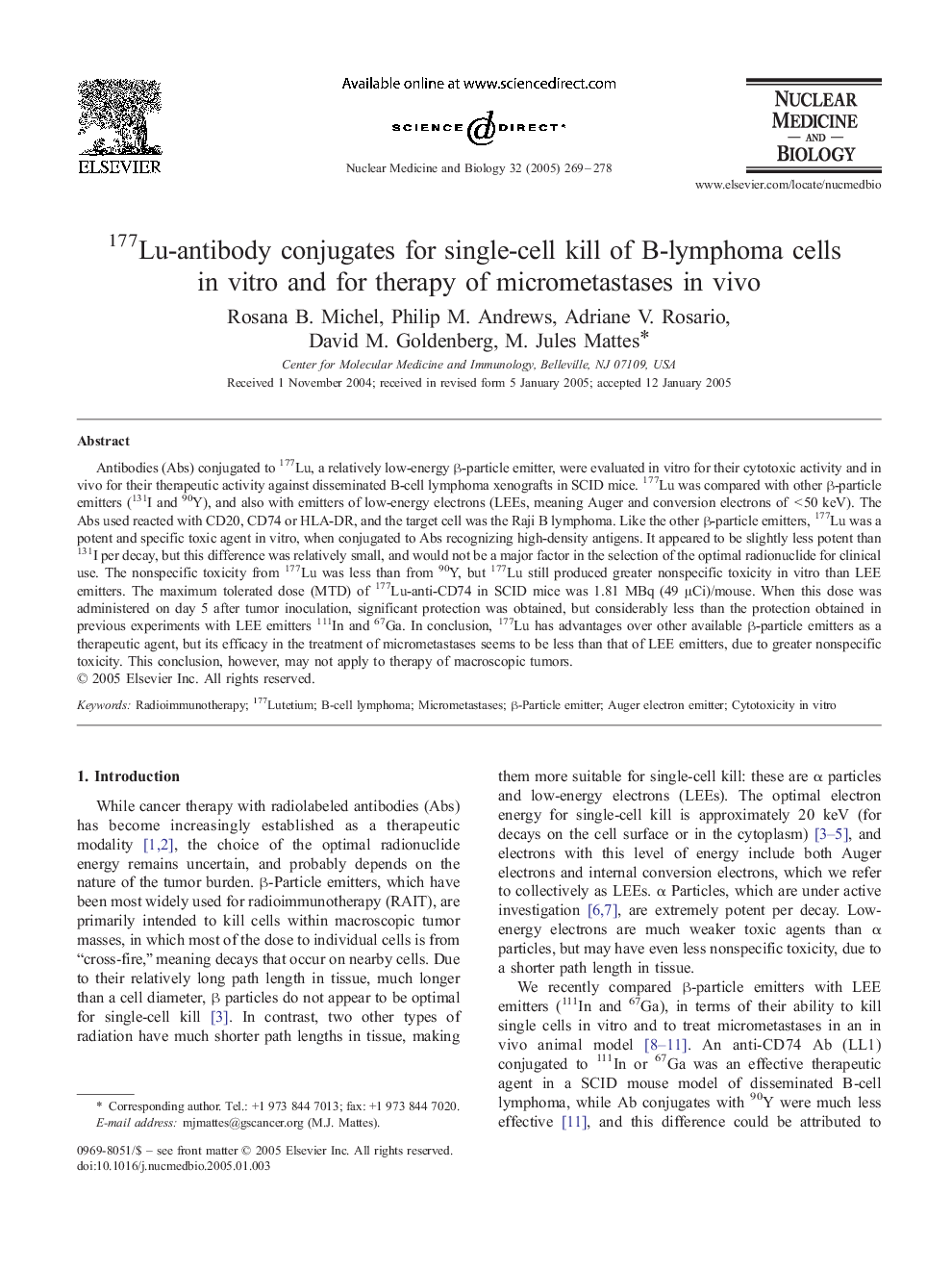 177Lu-antibody conjugates for single-cell kill of B-lymphoma cells in vitro and for therapy of micrometastases in vivo