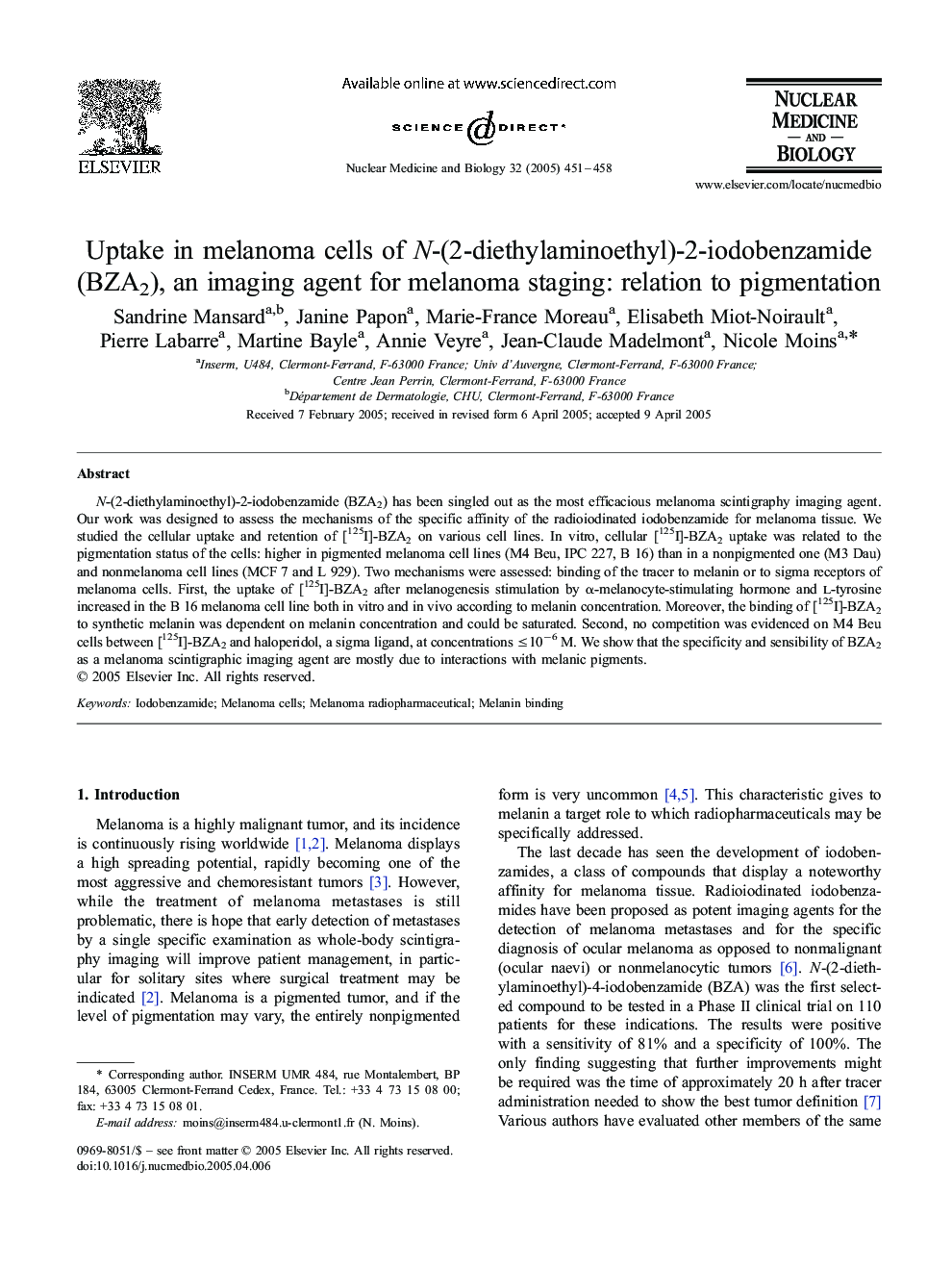 عکس صفحه اول مقاله: Uptake in melanoma cells of N-(2-diethylaminoethyl)-2-iodobenzamide (BZA2), an imaging agent for melanoma staging: relation to pigmentation Uptake in melanoma cells of N-(2-diethylaminoethyl)-2-iodobenzamide (BZA2), an imaging agent for melanoma staging: relation to pigmentation