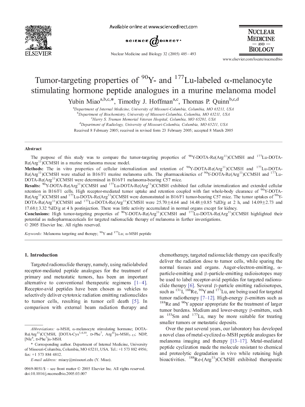 Tumor-targeting properties of 90Y- and 177Lu-labeled Î±-melanocyte stimulating hormone peptide analogues in a murine melanoma model