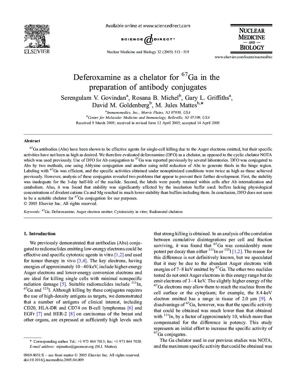 Deferoxamine as a chelator for 67Ga in the preparation of antibody conjugates