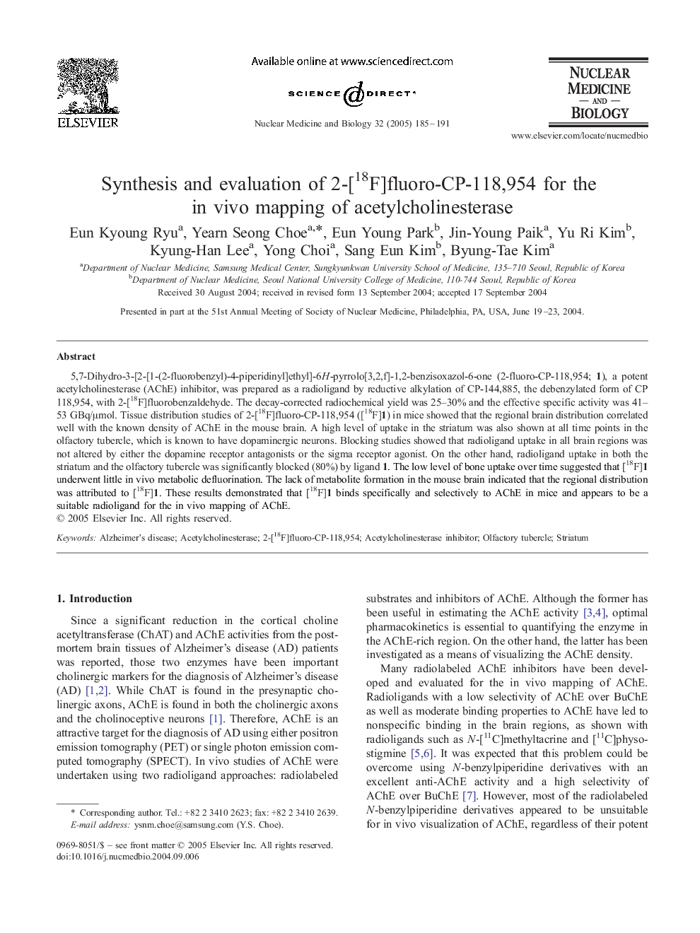 Synthesis and evaluation of 2-[18F]fluoro-CP-118,954 for the in vivo mapping of acetylcholinesterase