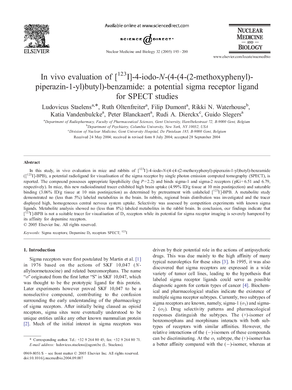 In vivo evaluation of [123I]-4-iodo-N-(4-(4-(2-methoxyphenyl)-piperazin-1-yl)butyl)-benzamide: a potential sigma receptor ligand for SPECT studies