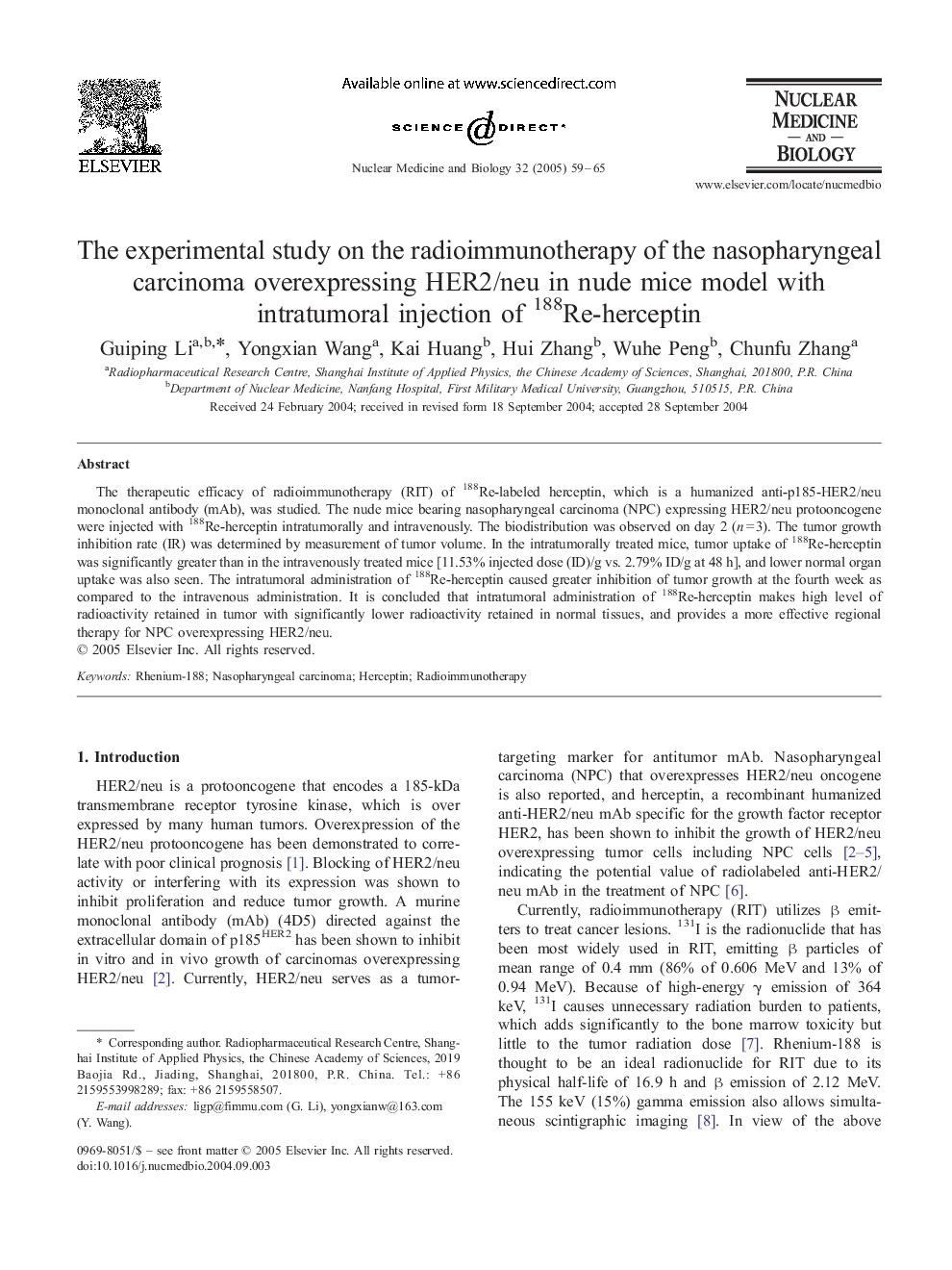 The experimental study on the radioimmunotherapy of the nasopharyngeal carcinoma overexpressing HER2/neu in nude mice model with intratumoral injection of 188Re-herceptin